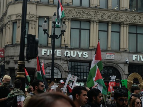 A crowd of people holding flags and signs in front of a building