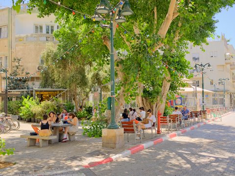 a group of people sitting on benches