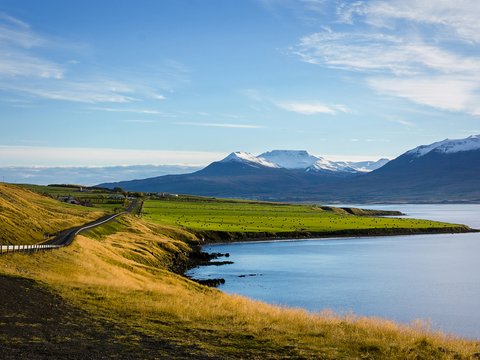 field and mountain near body of water