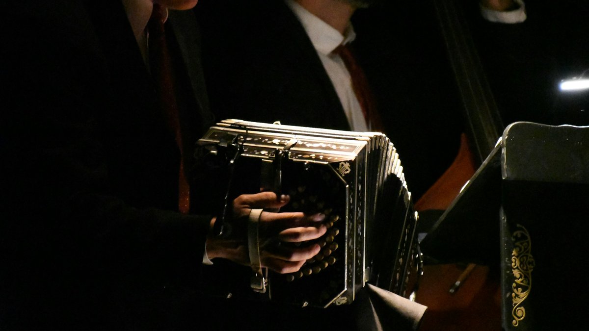 A spotlit bandoneón and upright bass float out of inky black stage shadow as two suited tango musicians play, the accordion's mother-of-pearl inlay catching warm light against their dark jackets and red ties