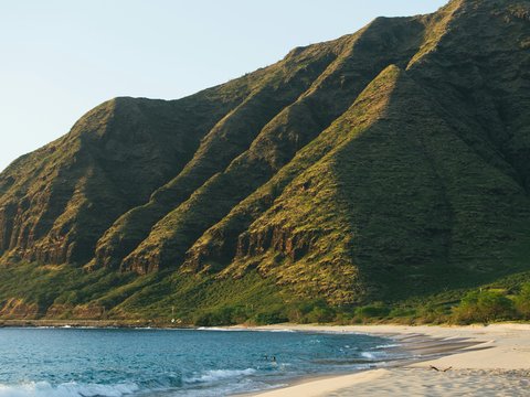 a beach with a mountain in the background