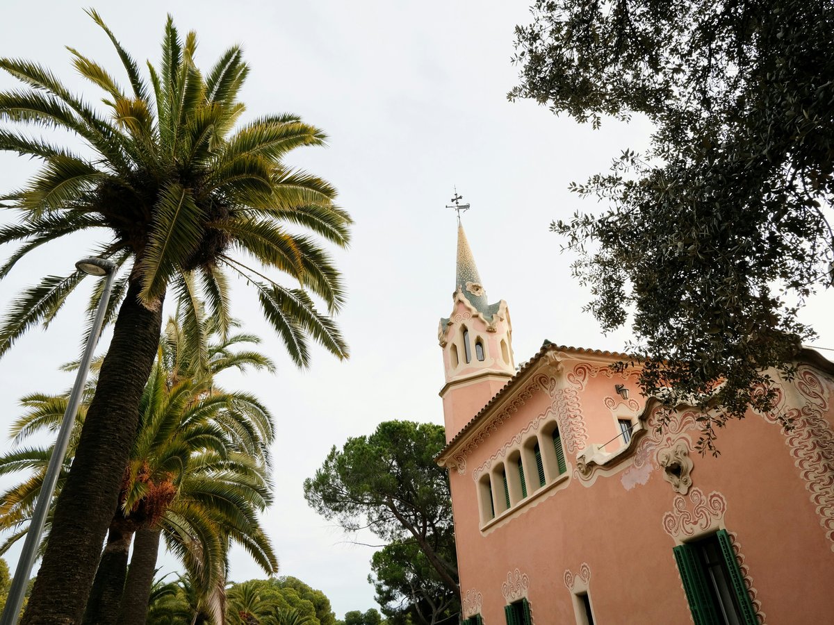 a pink building with a steeple and a palm tree