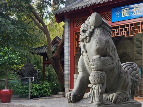 a statue of a lion in front of a building