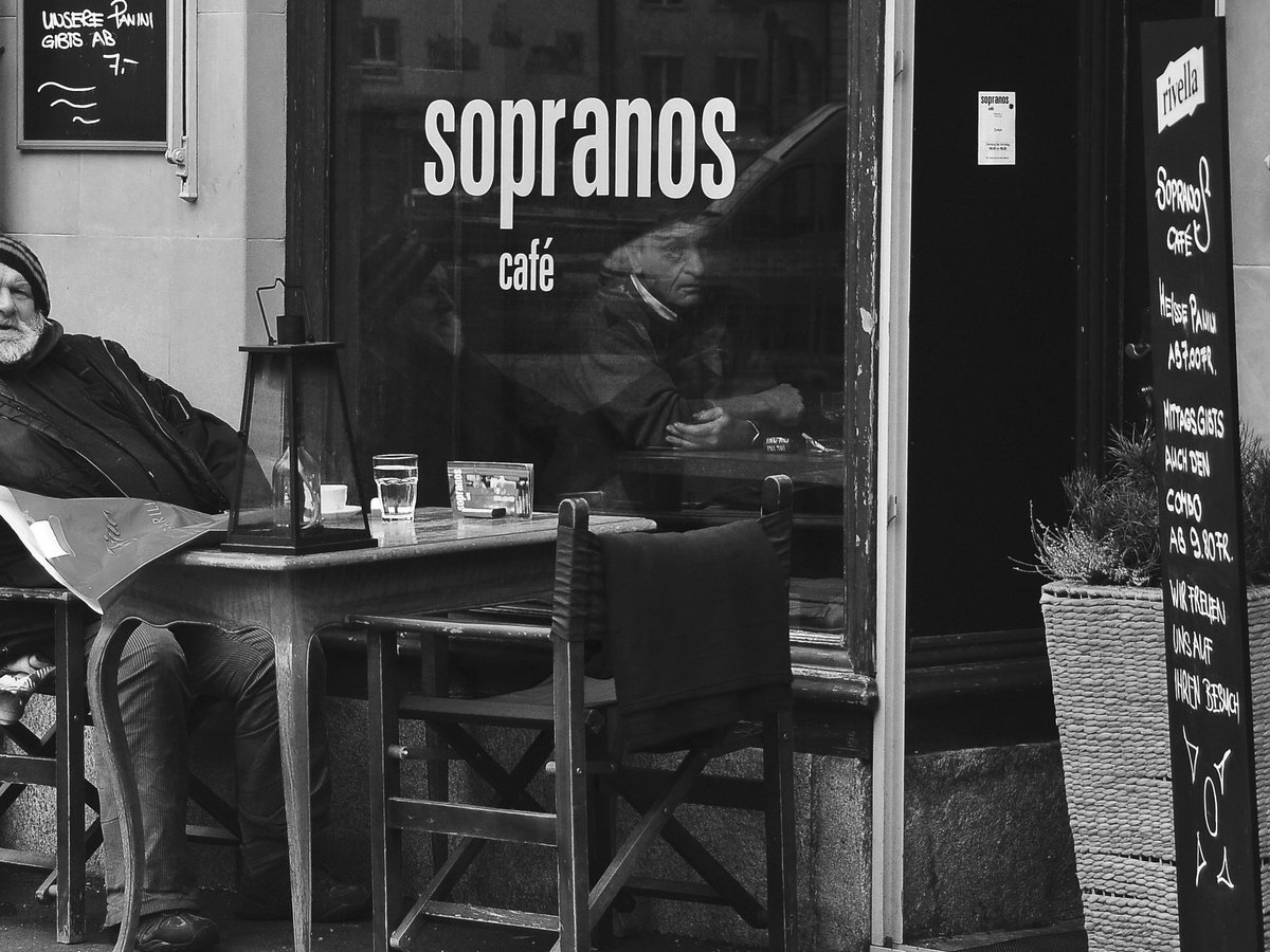 grayscale photo of cafe store
