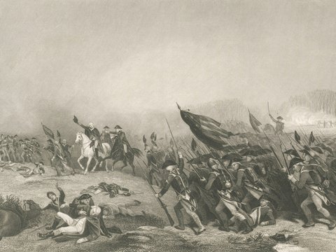 Soldiers in battle with flags and horses