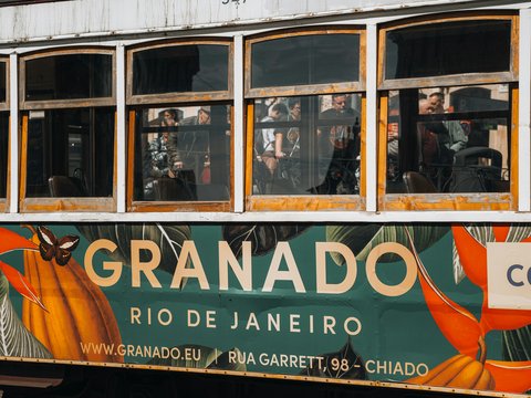 Vintage tram with granado rio de janeiro advertisement.